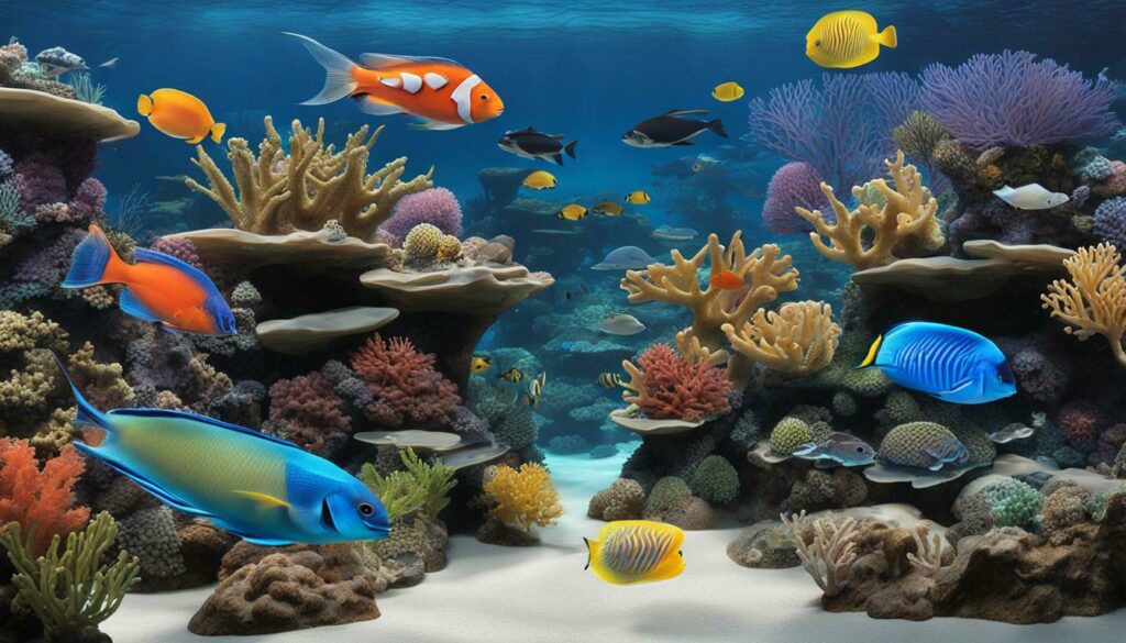 long aquarium tank with diverse marine life in it