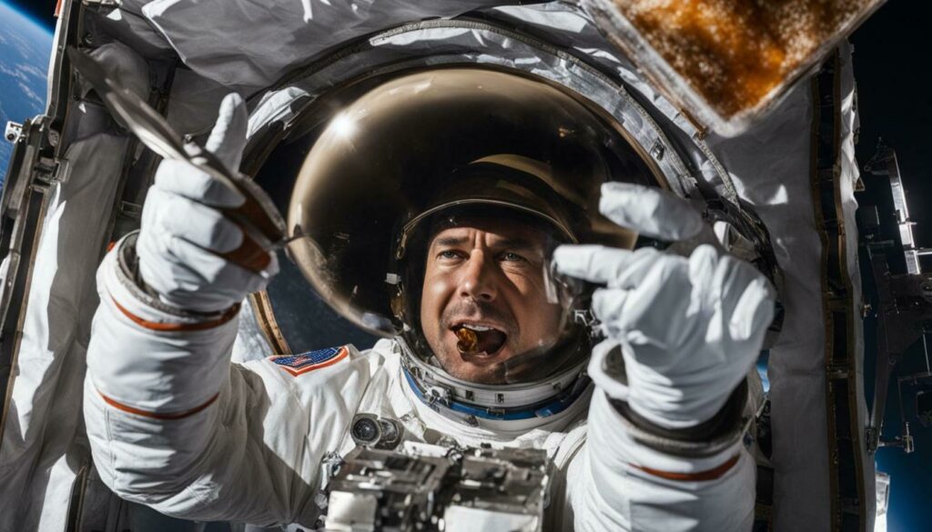 Living in microgravity: Astronaut eating food with special utensils in space