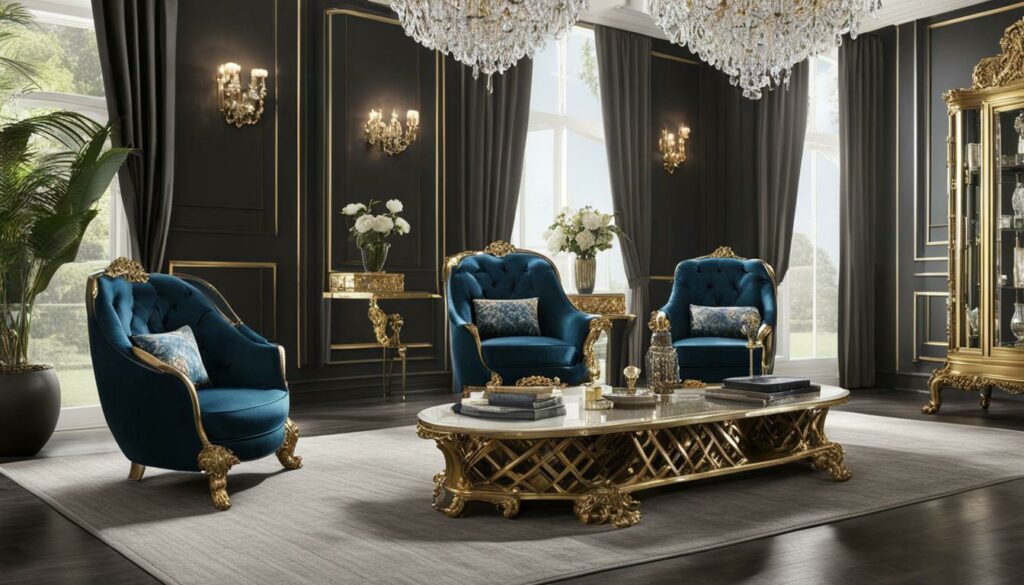 Throne chair, Egg chair, and Etagere in a luxurious living room setting