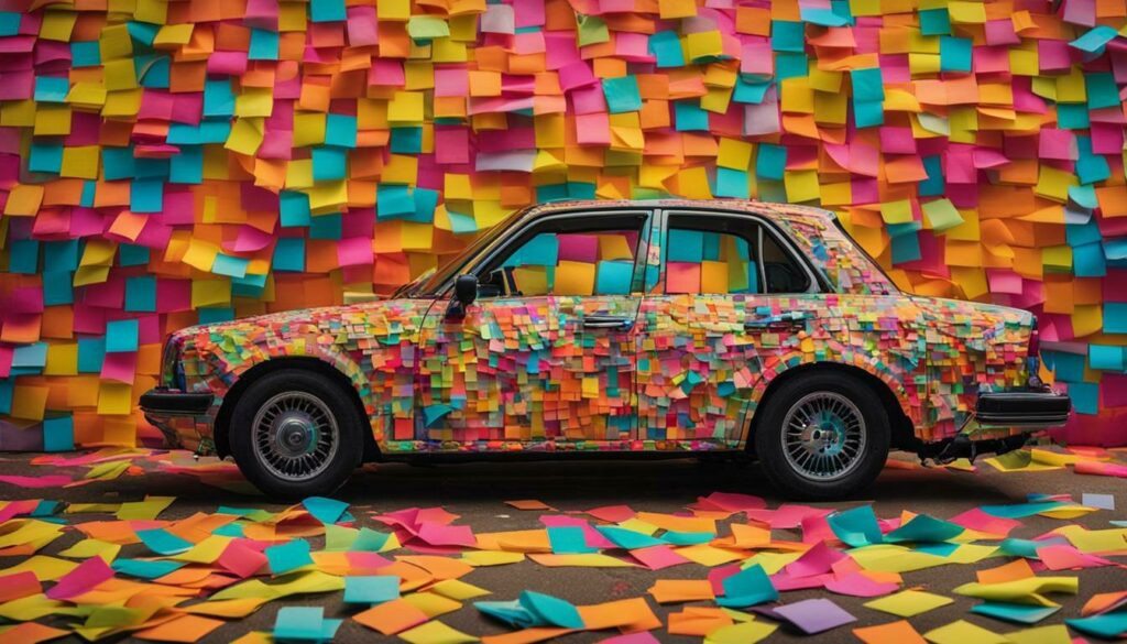 a car covered in colorful Post-it notes