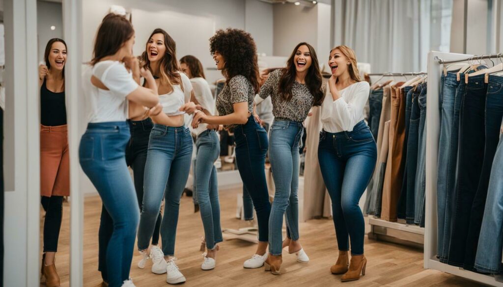 women trying on jeans