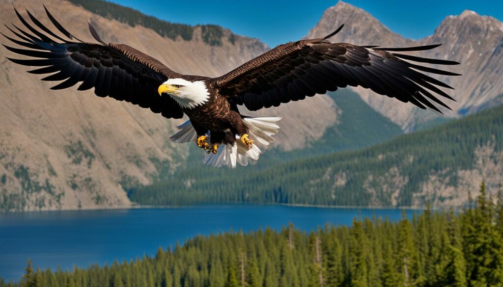 Bald eagle soaring over a lake