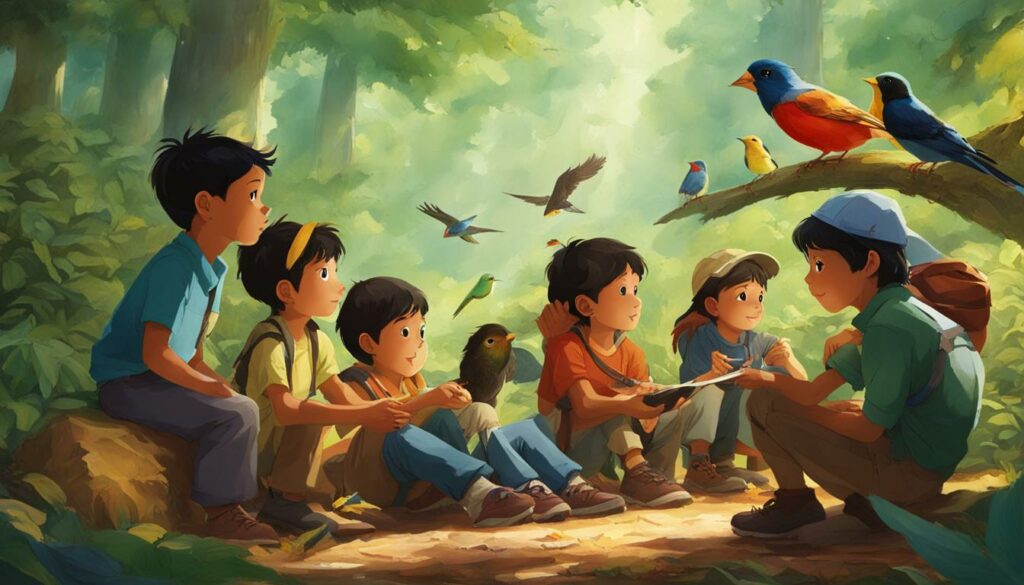 Children observing birds in nature