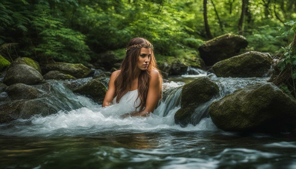 Viking woman washing herself in a stream