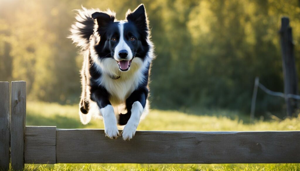 border collie jumping over a fence